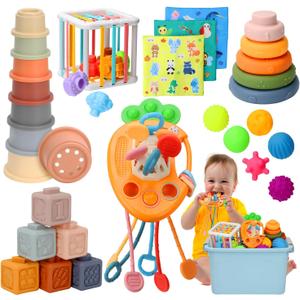 Baby Toys 6 to12 Months, 7 in-1 Montessori Toy for 6-9-12-18 Month Old with Pull String Toy, Sensory Bin Toys, Stacking Baby Blocks & Soft Infant Ring & Sensory Ball, Stacking Cups for Toddler 1-3Gift