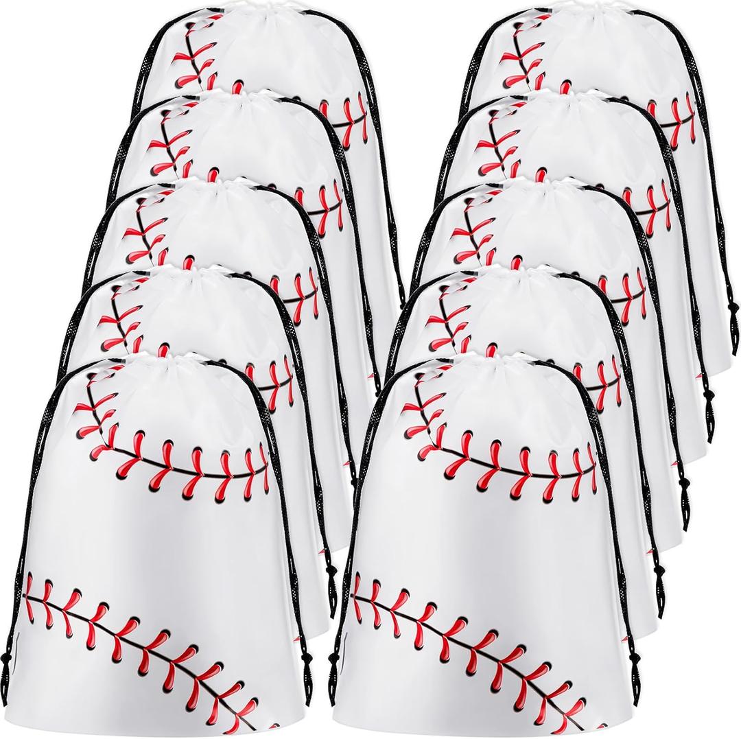 Flutesan 25 Pack 8 x 10 Inch Drawstring Baseball Party Favor Bags Plastic Baseball Snack Goodie Bags Gift Packaging Storage for Birthday Sports Theme Party Supplies