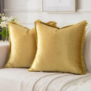 FUTEI Gold Velvet Decorative Throw Pillow Covers 18x18 Set of 2,Soft Cozy Edge with Tassels Cushion Case,Boho Modern Home Decor for Couch Bed Living Room