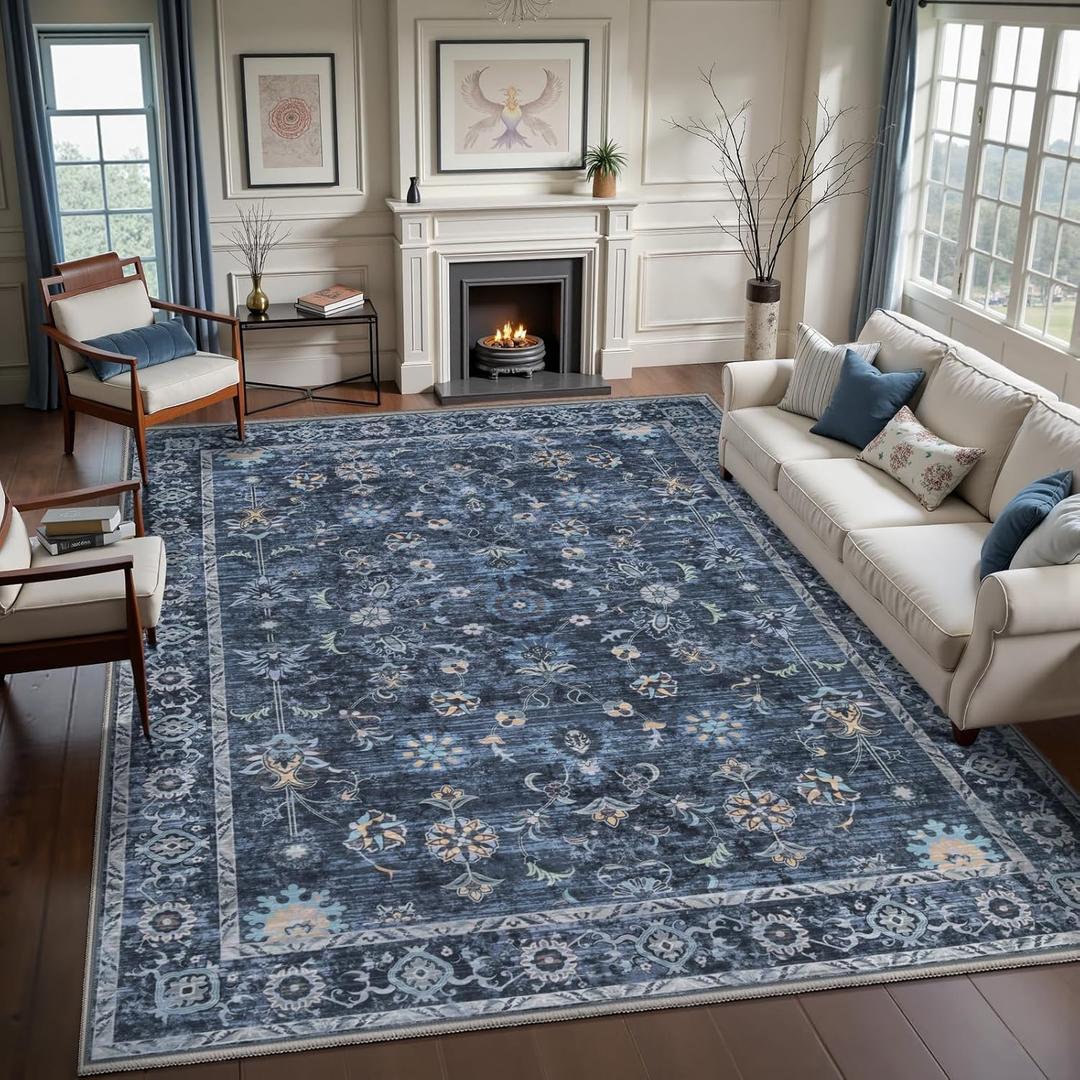 Tangsoo 9x12 Large Area Rug for Living Room, Non Slip Machine Washable Rug for Bedroom, Boho Distressed Vintage Blue Floral Rugs, Soft Indoor Floor Carpet Mat for Office Kitchen Farmhouse Home Decor