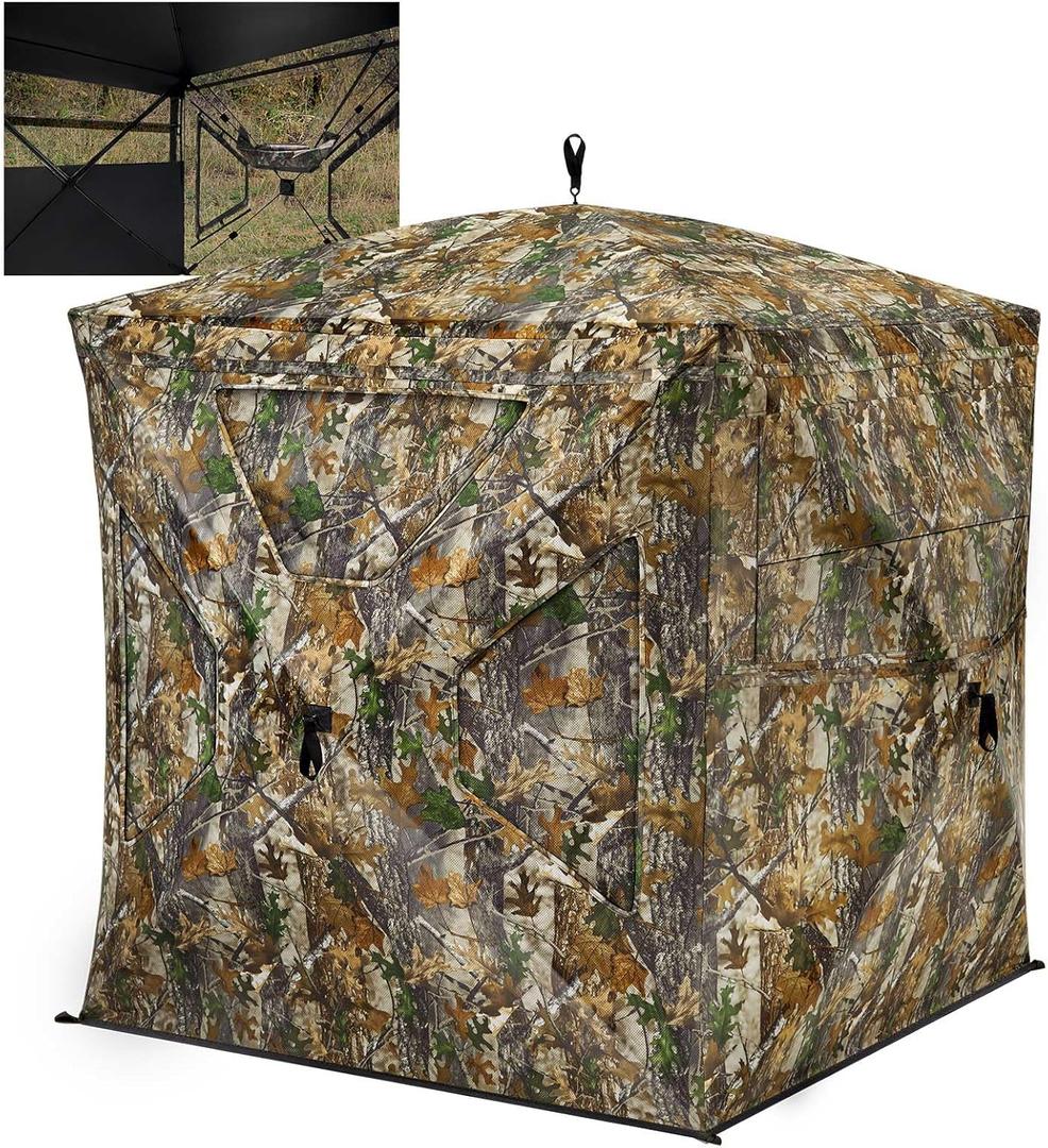 TIDEWE See Through Blind 270with Silent Magnetic Door & Sliding Windows, 2-3 Person Pop Up Ground Blind with Carrying Bag, 300D Portable Resilient Tent(Camouflage & Veil Rush)