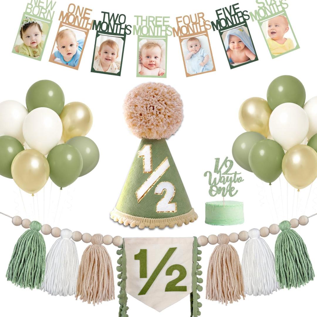 Half Birthday Decorations for Baby - Green 1/2 Birthday Hat, Half Birthday Photo Banner, Pastel Balloons, 1/2 High Chair Banner, 1/2 Way To One Cake Topper, 6 Months Party Supplies