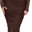 REORIA Women's Fall Mesh Sheer Long Sleeve Midi Ruched Bodycon Dress Mock Neck Elegant Evening Party Cocktail Dresses (Large, Chocolate)