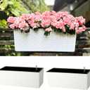 LaLaGreen Outdoor Rail Planter for Balcony (20 Inch, 2 Pack) Large White Self Watering Railing Planters with Brackets, Rectangular Plastic Fence Modern Window Boxes Designer Choice with Rattan Pattern