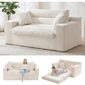 Convertible Sofa Bed, Pull Out Boneless Couch Loveseat Floor Sofa Bed with Pillows, 2-Seater Folding Sofa Loveseat Boneless Couch for Living Room, Bedroom, Apartment, Office (Beige)