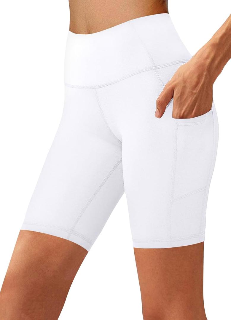 Aoliks Biker Shorts Women with Pockets - 8" High Waisted Tummy Control Running Workout Spandex Gym Volleyball Yoga Shorts (Large, 1 White)