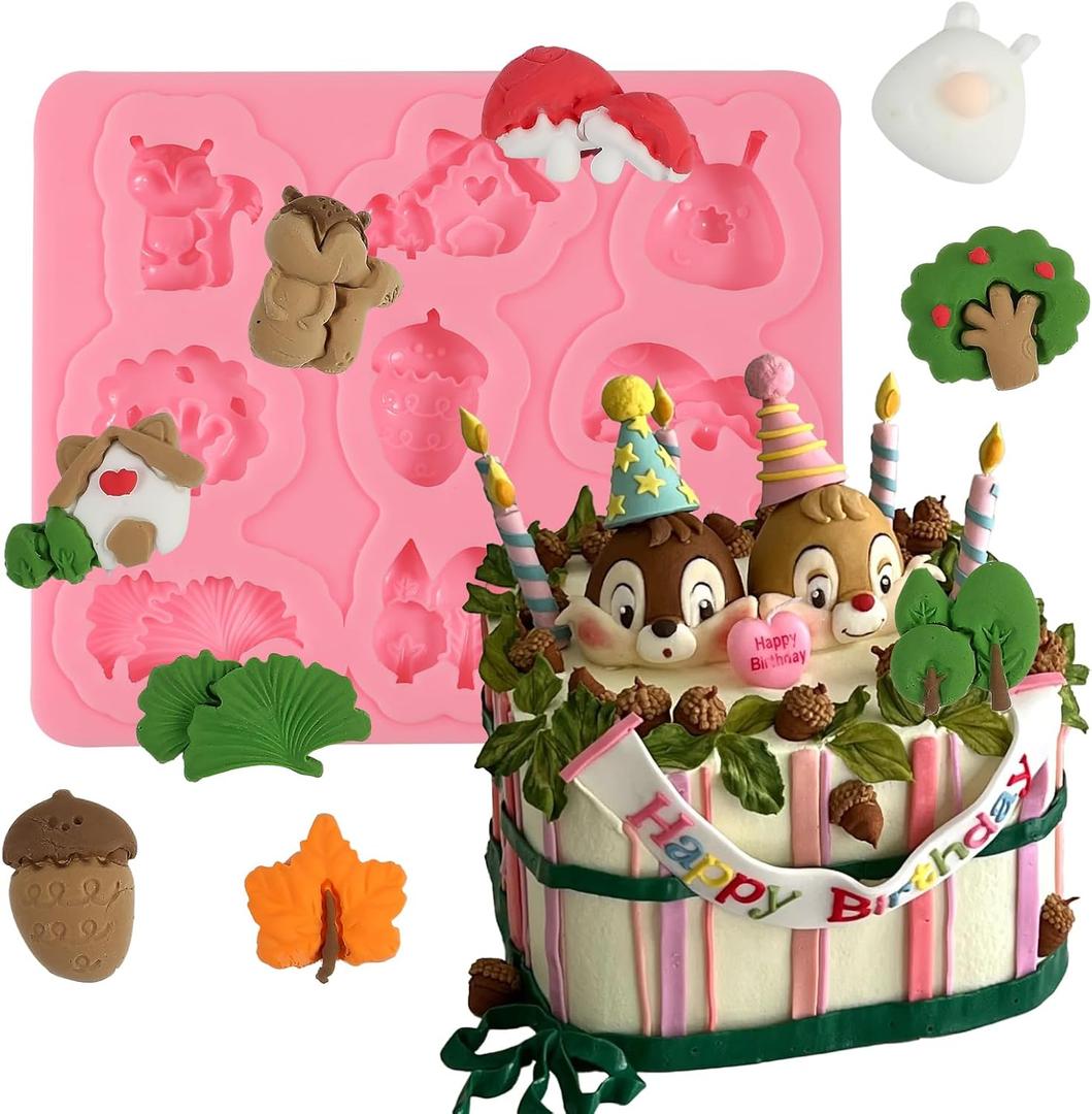 1 Pcs Squirrel Hazelnut Candy Fondant Mold, Ginkgo Maple Leaf Cake Decoration Silicone Mold, for Forest Theme Party Cake Decoration Cupcake Topper Chocolate Cookie Dough UV Resin Clay