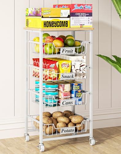 OKZEST 5-Tier Small Kitchen Storage Cart on Wheels with Pull-Out Drawers, Rolling Pantry and Snack Organizer Cart with Wood Top, Kitchen Floor Fruit Basket Stand for Fruit Potato Onion Veggie Snack