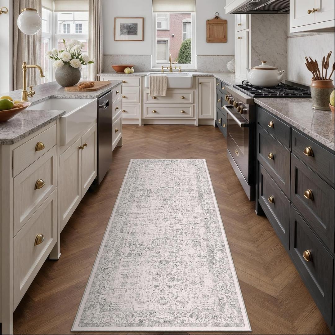 Gray Runner Rug 2'6"x8' Washable Carpet for Hallway Kitchen Vintage Distressed Non Slip Indoor Grey Retro Floral Bedroom Accent Throw Long Rug Bathroom Office Laundry Dining Living Room