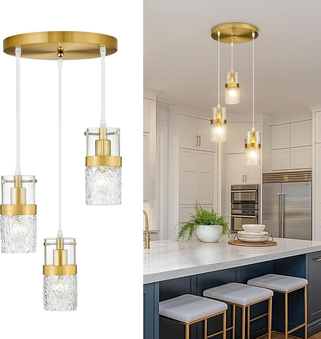 LMS 3-Light Pendant Light Fixtures, Brushed Gold Farmhouse Kitchen Island Light, Industrial Adjustable Hanging Pendant Lighting, Cluster Chandeliers, LMS-189 (3.5" Hammered Glass, 3-Light, Gold -Hammered Glass)