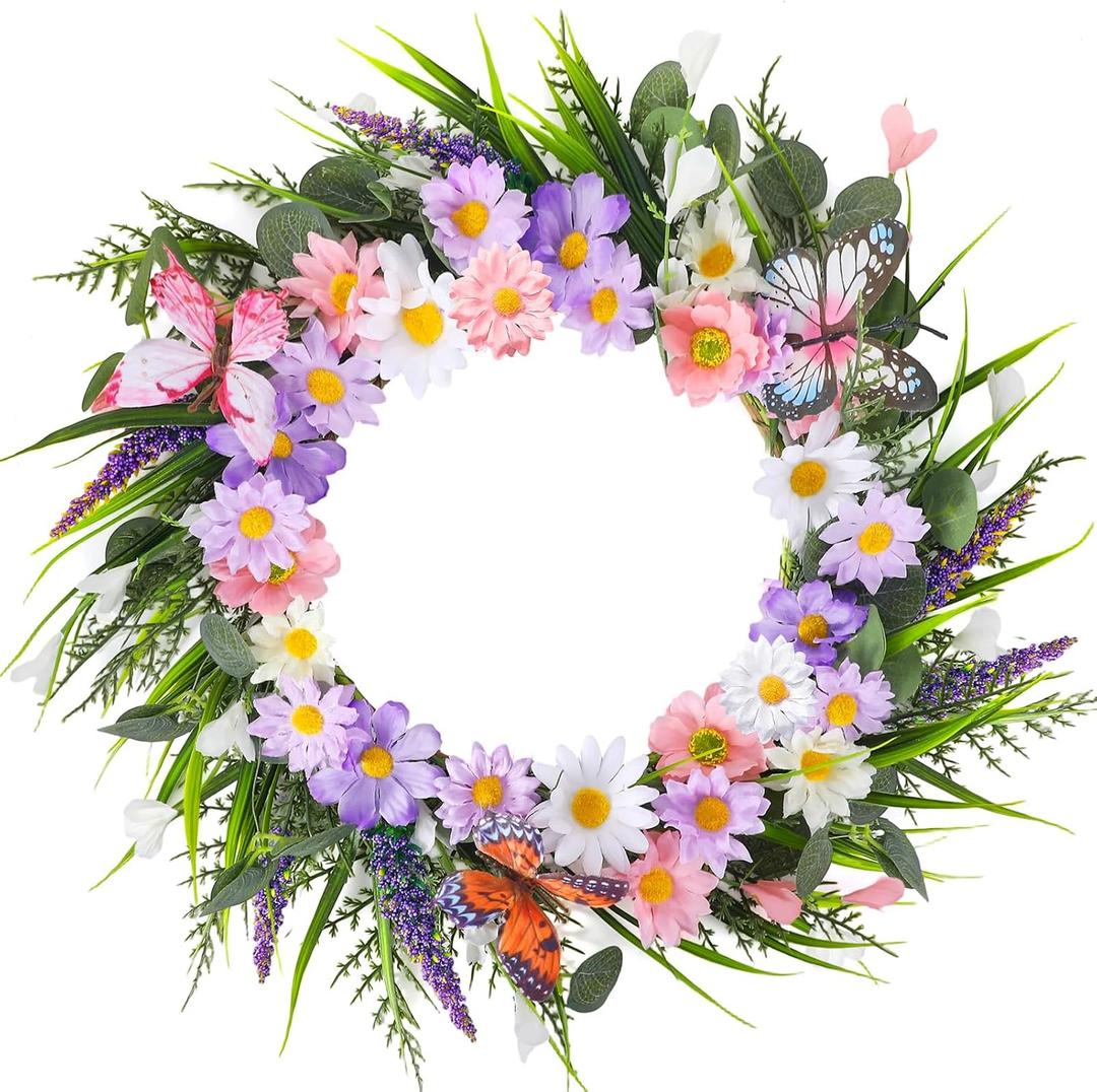 20 Inch Spring Summer Wreath for Front Door, Artificial Daisy Wreath Included Daisy Lavender Silk Flower Butterflies for All Season Porch Wall Window Decor Wedding Festival Celebration