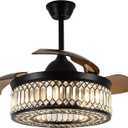 42 Inch Retractable Ceiling Fans with Lights and Remote, Modern Industrial Black Fandelier with 3 Retractable ABS Blades, Invisible Crystal Chandelier Fan for Bedroom Living Room Dining Room (Crystal)