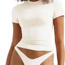 SUUKSESS Women Double Lined Fitted Basic Tee Crew Neck Short Sleeve Y2K Crop Top, Beige, S