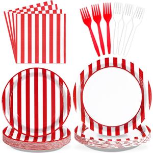 96Pcs Red and White Striped Party Supplies 350GSM Red and White Striped Paper Plates and Napkins Tableware Set Circus Theme Party Decorations for Carnival Birthday Picnic BBQ Christmas Decor Serves 24