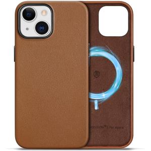 SHIELDON Case for iPhone 15, Genuine Leather Slim Wireless Charging Magnetic Non-Slip Anti-Scratch Shock-Absorbent Phone Case Cover with Metal Buttons Compatible with iPhone 15 5G 6.1" - Saddle Brown