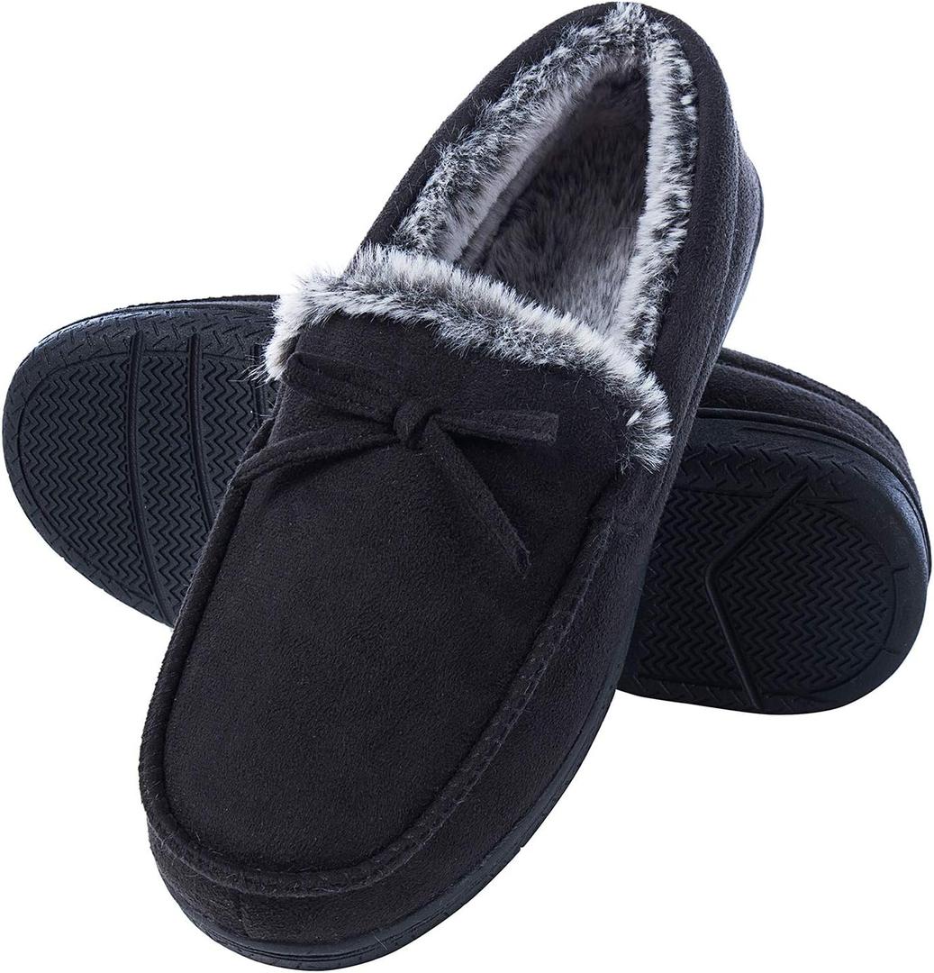 DL Men's Moccasin Slippers - Indoor & Outdoor, Suede Mens House Slippers with Memory Foam, Faux Fur Lining, Non Slip Outsole (8, Black)