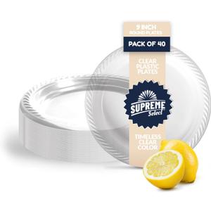 Clear Disposable Plastic Plates [Set of 40 | 9-inch Plates] Elegant Party Dinner Plates-Microwave Safe Plastic Dish Set- Sturdy Rimmed Plates For Weddings, Parties, Kitchen Use