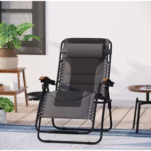 Phi Villa Black and Grey Metal Oversized Padded Folding Zero Gravity Chair with Cup Holder Outdoor Patio Adjustable Recliner