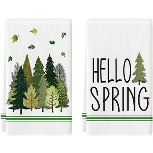 2 x Artoid Mode Beige Leaves Pine Tree Hello Spring Kitchen Towels Dish Towels, 18x26 Inch Farmhouse Summer Decoration Cleaning Set of 2