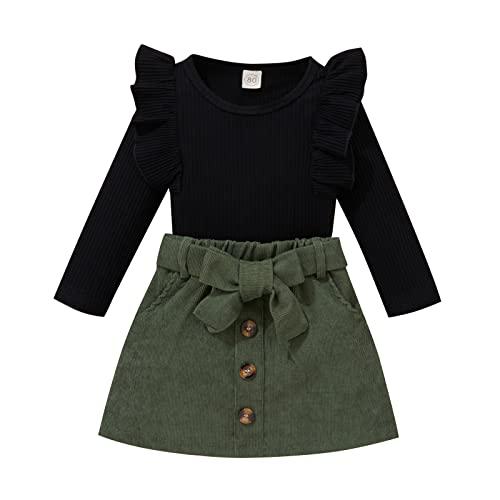 fhutpw Baby Toddler Girl Outfits Fall Winter Clothes Turtleneck Knitted Cotton Long Sleeves Tops & Button Mini Skirts Set, Size:90