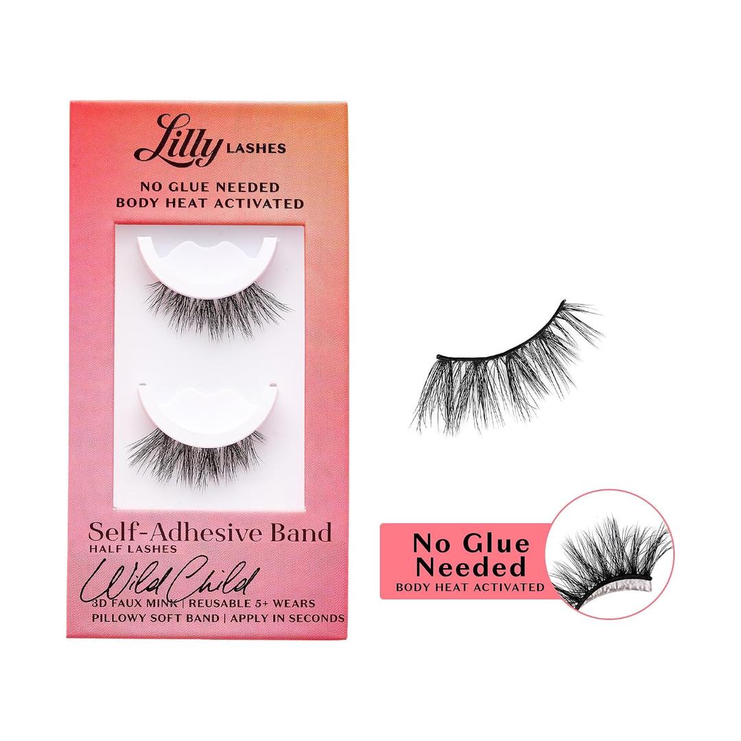 Lilly Lashes Self Adhesive Eyelashes (Half Lashes), No Lash Glue Needed, Body Heat Activated Press on Lashes, Reusable Self Adhesive Eyelashes Up to 5x, Easy to Apply & Remove (WildChild)