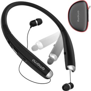 AMORNO Foldable Bluetooth Headphones, Wireless Neckband Sports Headset with Retractable Earbuds, Sweatproof Noise Cancelling Stereo Earphones with Mic (Black)