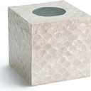 5.8 Capiz Tissue Box Cover, Square Decorative Tissue Holder with Bottom Slider, Handmade Bathroom Accessories, Elegant White Cube for Vanity, Bedroom, Office & Coastal Dcor (Natural)