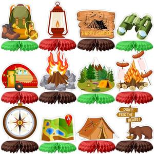 Tarklanda 12 Pcs Camping Party Honeycomb Centerpieces Campfire Adventure Party Table Decorations 3D Honeycomb Birthday Supplies Photo Props