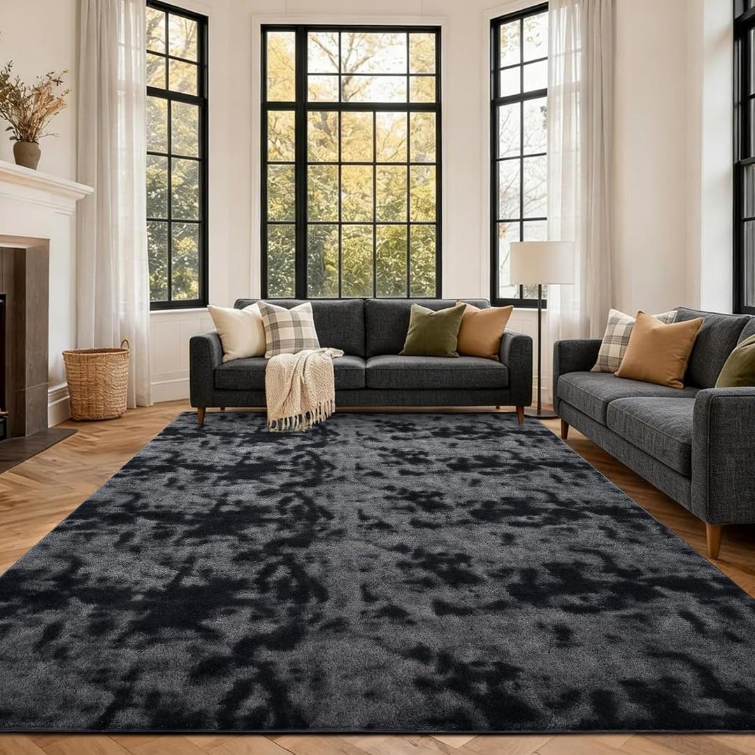 FinRec 7x10 Washable Area Rugs for Bedroom Living Room, Low Pile Thin Ultra Soft Shag Rug, Non-Slip Carpet Indoor for Home Decor (Tie-dye Dark Grey)