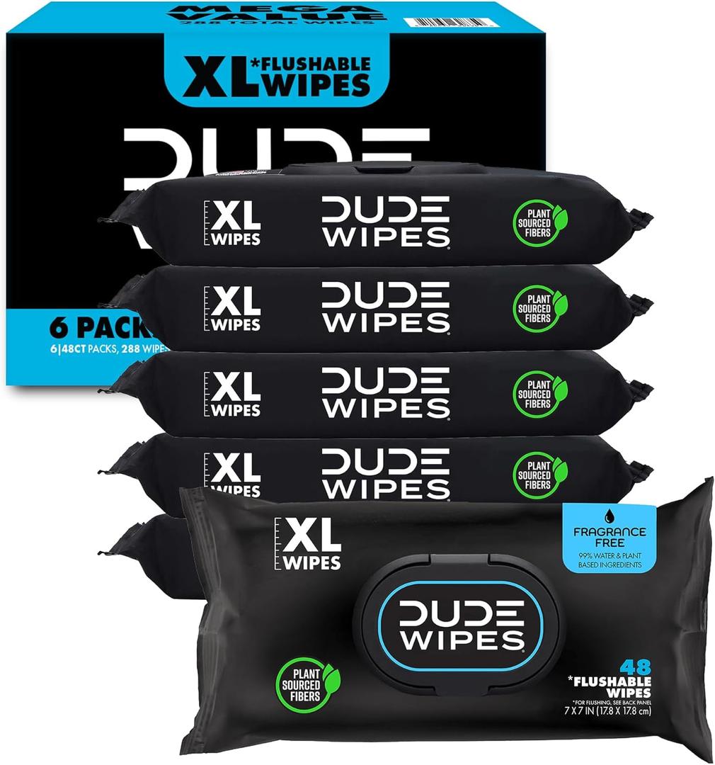 DUDE Wipes - Flushable Wipes - 6 Pack, 288 Count - Unscented - Extra-Large - Vitamin-E & Aloe - Septic and Sewer Safe