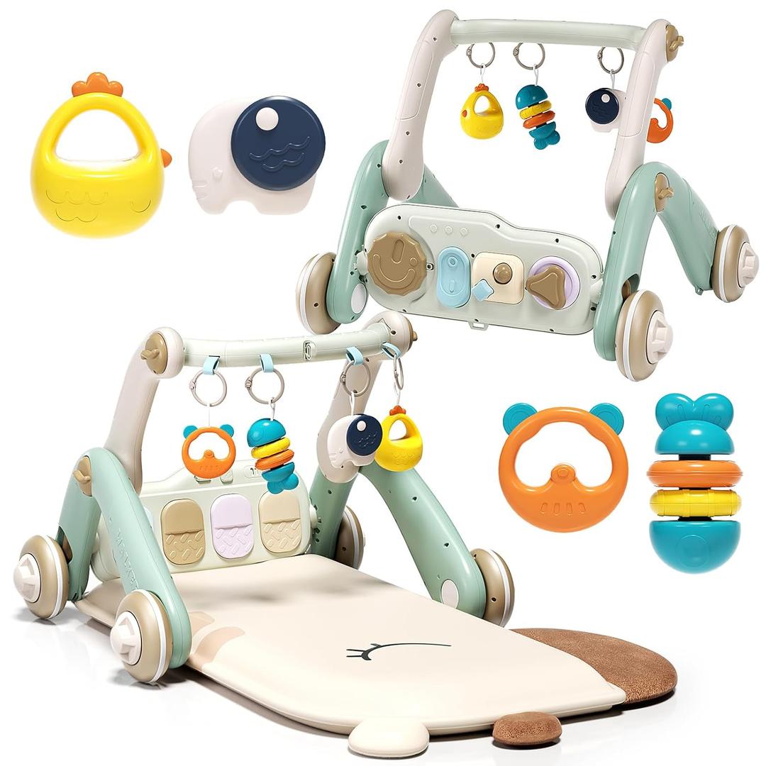 2 in 1 Baby Gym with Walker,Baby Play Mat with 4 Infant Learning Sensory,Double-Sided Multifunctional Removable Play Piano Panel,Sit-to-Stand Learning Walker for 0-24 Months Boy Girl [White]