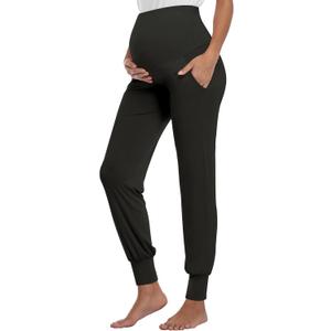 AMPOSH Women's Maternity Pants Stretchy Lounge Workout Pants Casual Loose Comfy Pregnancy Joggers with Pockets (Large, Black)