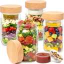 4 Pack Glass Salad Jars with Wooden Lids for Meal Prep, Leakproof Container with Two Small Built in Cups for Wet/Dry Separation for Salad Dressing and Ingredients, 32oz Mason Jars (Oak)