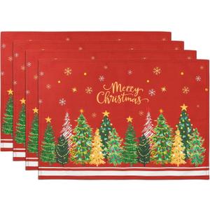 Christmas Tree Double-Layer Placemats, 1319, Set of 4 Washable Heat-Resistant Non-Slip Cloth Table Mats for Christmas Seasonal Holiday Decor