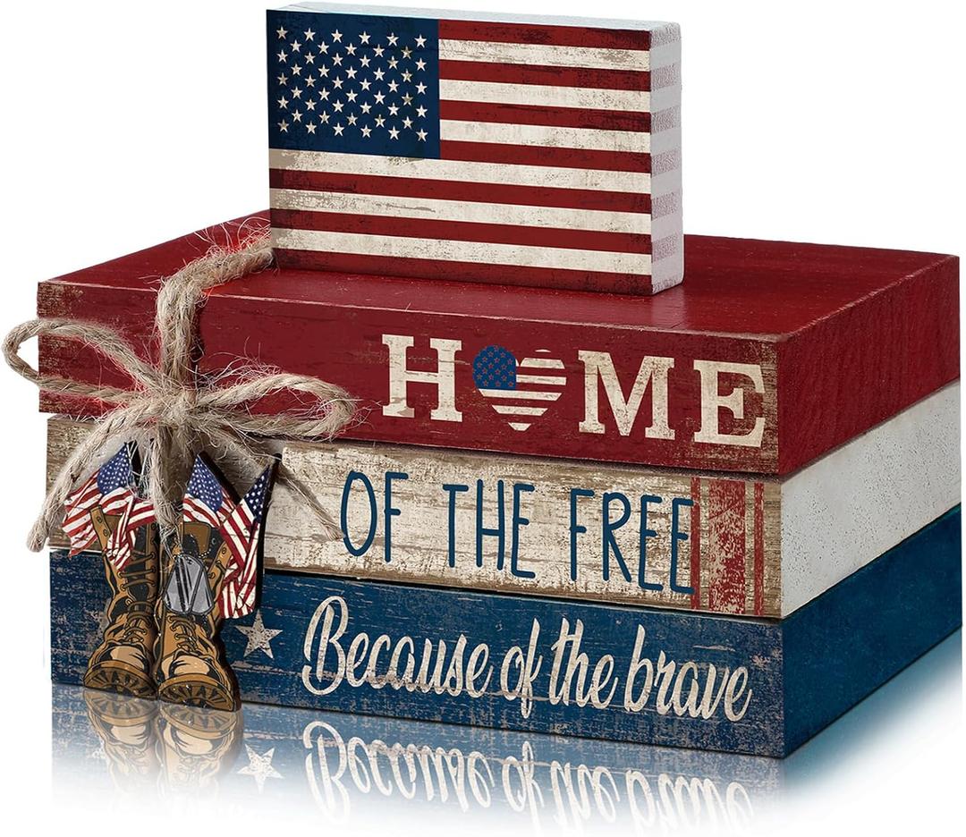 4 Pcs Memorial Day Decorations Fourth of July Tiered Tray Decorations Independence Day Wood Rustic Patriotic Book Block Sign 250th Anniversary for Farmhouse Table Home Tabletop Bookshelf