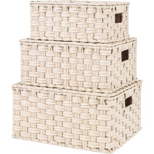 GRANNY SAYS Wicker Storage Baskets with Lids, Set of 3 Decorative Storage Boxes, Baskets for Organizing, Butter Milk, 3-Pack