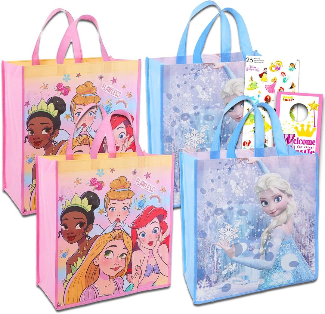 Disney Princess Tote Bag Set ~ Bundle of 5 Pc with 4 Reusable Grocery Bags, Disney Princess Stickers, and More | Princess Party Supplies and Favors