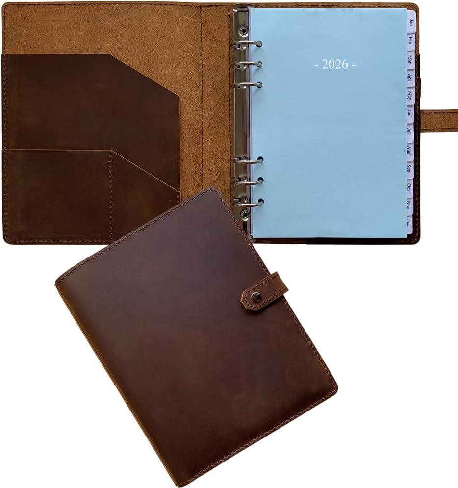 2026 Leather Planner - A5 Genuine Leather 6-Ring Binder Planner with Weekly & Monthly Pages for Men and Women, Inner Pockets and Pen Holder, Refillable