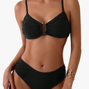 Tainehs Two Piece Swimsuits for Women Bikini Sets Ruched V Neck Mid Rise Back Hook Bathing Suit (Black, Large)