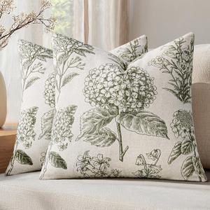 Set of 2 Decorative Floral Neutral Pillow Covers 20x20 Inch Light Green Hydrangea Print Spring Boho Vintage Throw Cushion Covers for Sofa Couch Porch Bedroom Living Room Summer Home Decor