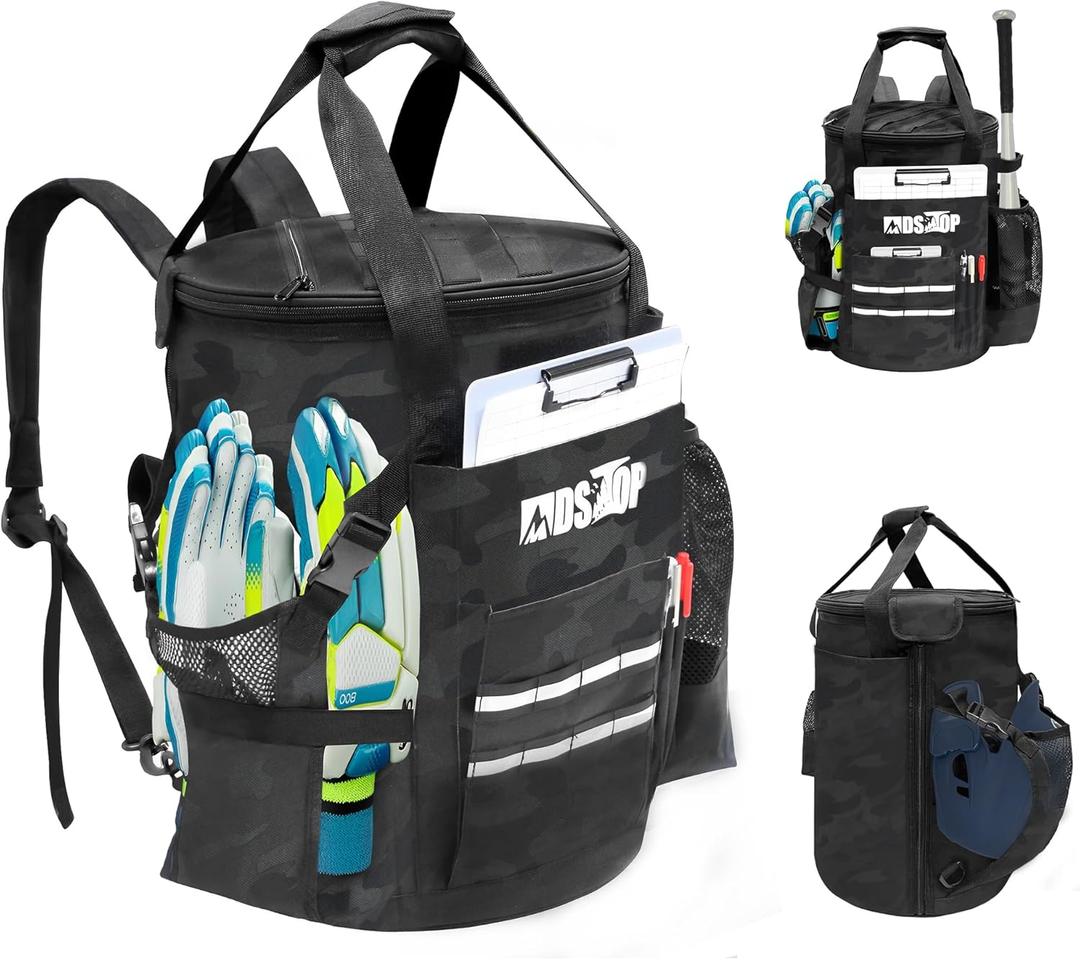MDSTOP Baseball Bucket Bag, Baseball Coach Accessories Storage Pouch, Softball Bucket Bag, Non-slip Bottom, Multiple Pockets for Bats, Caps, Water Cups, Gloves and Scoreboards