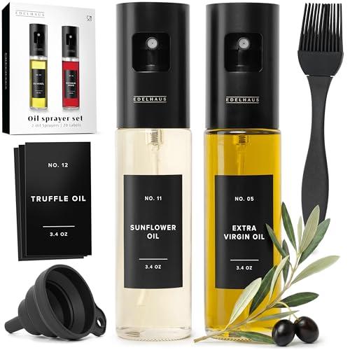 EDELHAUS Oil Sprayer Set of 2 Oil Spray Bottle Made of Stainless Steel & Glass, for Healthy Cooking, Sprayer for Precise Dosage, for Cooking Oil & Vinegar Including (Black Lids, 2 Pack)