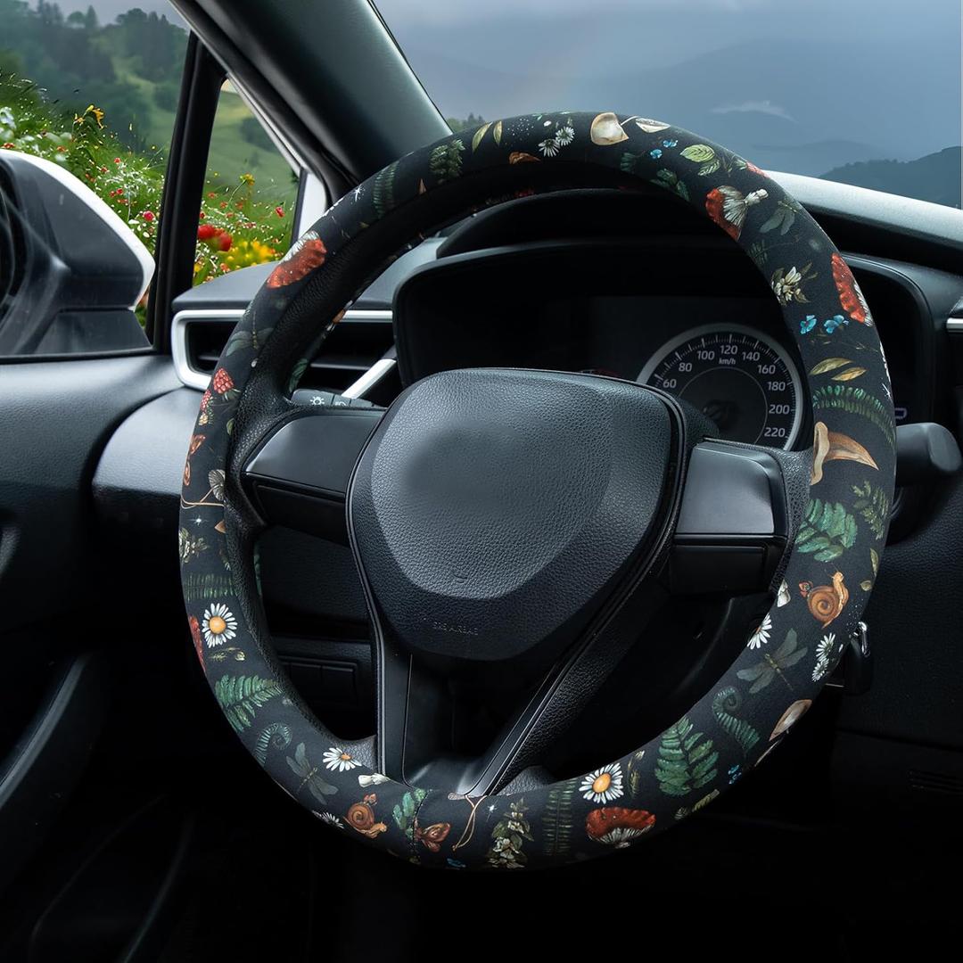 Woodland Fern Moth Dragonfly Mushroom Amanita Steering Wheel Cover Auto Steering Wheel Protector, Anti-Slip, Breathable, Absorbing Sweat, Universal Car Accessories 14.515 inch