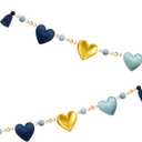 Dusty Blue Gold Heart Decorations Handmade Pre-Strung Felt Heart Banner Wool Felt Ball Wooden Bead Garland for Birthday Baby Shower Anniversary Valentines Day Nursery Classroom Fireplace Home Decor