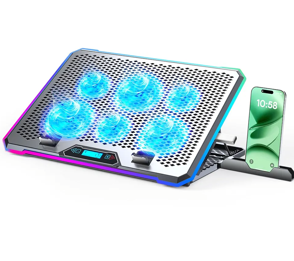 Aluminum Alloy RGB Gaming Laptop Cooler with 6 Fans and LCD Screen - 10 RGB Modes Memory Function, 4 USB Ports 3.0 and 2.0 Hub, 9 Height Adjustable for 10 to 21 Inch Laptops on Desk or Lap