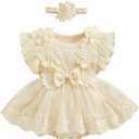 Whoizai Baby Girl Dress Romper Flowers Embroidery Baby Lace Romper Infant Girl Summer Spring Clothes With Headband (Beige,9-12 Months)