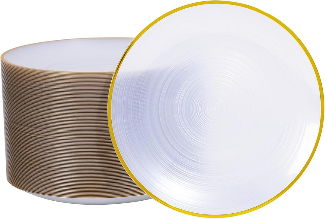 100PCS White Gold Plastic Plates, 10 Inch Heavy Duty Disposable Dinner Plates with Gold Rim, Round Party Plates for Wedding, Party, Camping, Picnic, Birthday