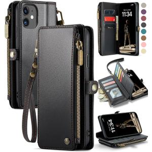 Defencase Compatible with iPhone 11 Case Wallet with RFID Blocking Card Holder for Women and Men, Fashion PU Leather Magnetic Snap Flip Zipper Strap Wallet Phone Case Fit for iPhone 11 6.1", Black