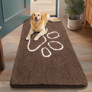 Smiry Dog Door Mat for Muddy Paws, Absorbent Dirt Trapper Non Slip Quick Dry Washable Chenille Mat for Mud Dogs, Entry Rug for Indoor and Outdoor (48x30 Inches, Coffee and White)
