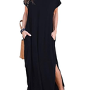 ANRABESS Women Year-Round Casual Round Neck Loose Split Wrinkle-Free Long Maxi Vacation Dress with Pockets, Size Small
